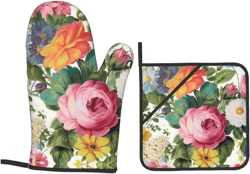 Vista 7 de Juego de guantes de horno y soportes para ollas con estampado floral de jardín, resistentes al calor, antideslizantes, guantes de cocina, 4