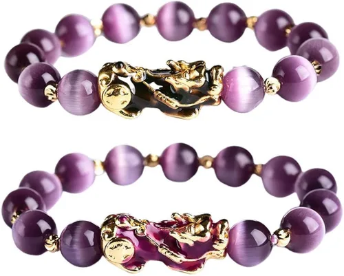 Vista 6 de Pulsera de amuleto chino de Feng Shui, pulsera de buena suerte con cuentas, amuleto de riqueza Pi Yao, joyería de buena suerte y riqueza, morado