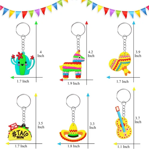 Vista 2 de CiciBear Paquete de 24 llaveros de regreso de fiesta mexicana con piñata, sombrero, cactus, taco, guitarra y maraca para fiesta mexicana, fiesta