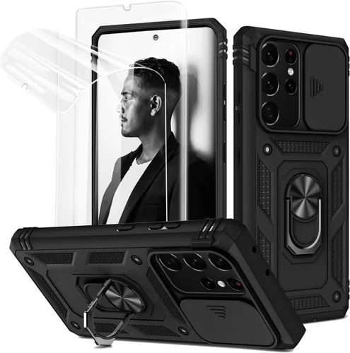 Vista 26 de Jeylly Funda para Galaxy A12 con cubierta deslizante para cámara, protector de pantalla de vidrio templado, protección híbrida de policarbonato duro