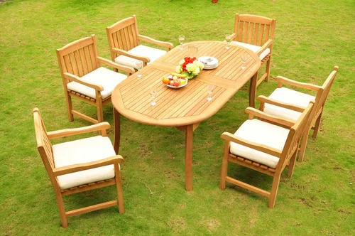 Vista 2 de 6 plazas grade-a Extensiones de 7 PC Conjunto de comedor: 117", doble de madera de teca ovalada mesa de comedor y 6 Devon Brazo/Capitán Sillas #