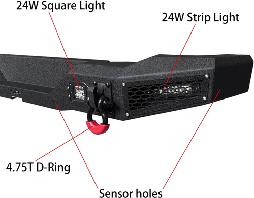 Vista 3 de Parachoques trasero de acero para Ford Bronco 2021-2025 con luces y anillos en D (textura negra)