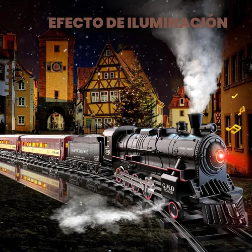 Vista 6 de Hot Bee Juego de tren para niños, juegos de tren de aleación a control remoto con locomotora de vapor, autos y pistas iluminados, juego de trenes