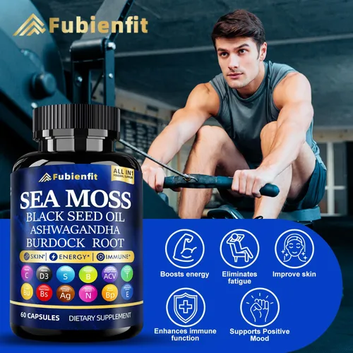 Vista 5 de Cápsulas orgánicas de musgo marino – Contiene aceite de semilla negra, ashwagandha, raíz de bardana, jengibre y vitaminas esenciales, superalimento