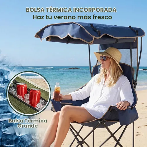 Vista 4 de DoCred Silla de playa con toldo plegable, portátil y plegable, con bolsa enfriadora y soporte para tazas, tumbonas de playa reclinables