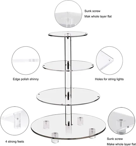 Vista 5 de Soporte para Cupcakes, Soporte Redondo para Cupcakes de 4 Niveles con Tira de Luces LED, Torre de Exhibición de Cupcakes de Acrílico para Bodas, Azul