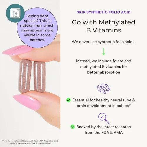 Vista 5 de Vitaminas prenatales de alimentos integrales (120 cápsulas), apoyo natural para la salud materna y fetal, multivitamínico prenatal para mujeres