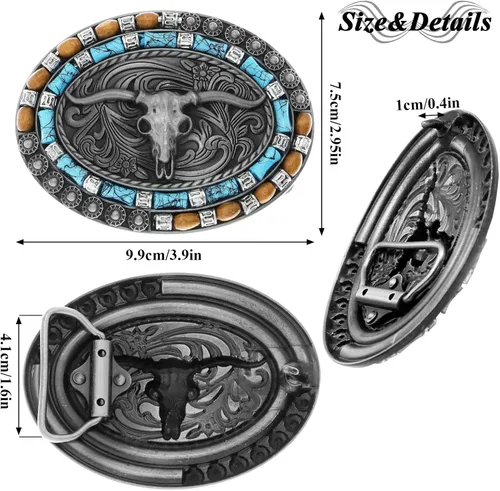 Vista 16 de RechicGu Hebilla de cinturón ovalada de calavera de toro de cuerno largo, cuentas de madera turquesa nativa americana, hebillas de vaquero