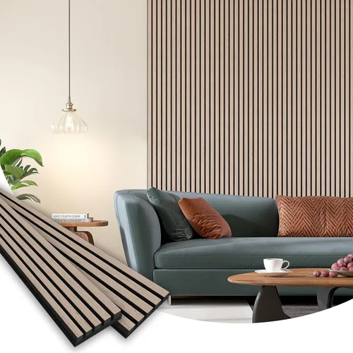 Vista 11 de SMARTSTANDARD Paneles de pared acústicos de muestra en madera, panel de pared insonorizado, panelado de listones de madera estriado en 3D para Roble