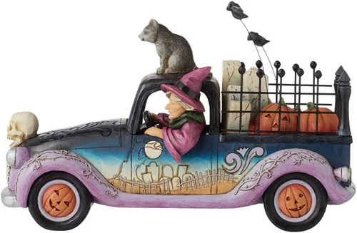 Vista 5 de Enesco Jim Shore Heartwood Creek - Figura de camioneta con ruedas malvadas de Halloween, resina de piedra, hecha a mano, figuras de bruja