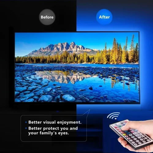 Vista 2 de Kit de tiras de luz LED USB, 4 tiras de luz LED RGB precortadas de 1.64 pies/6.56 pies, luces de fondo de TV que cambian de color con control