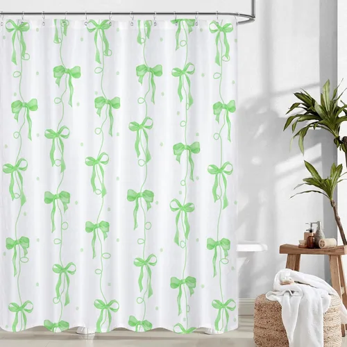 Vista 17 de Cortina de ducha con lazo negro, bonita cortina de ducha coqueta estética para adolescentes y niñas, decoración de tela impermeable con 12 ganchos