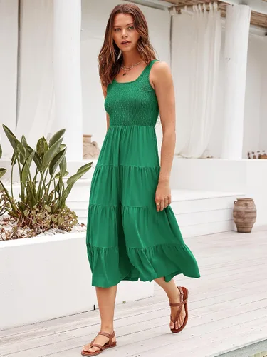 Vista 7 de ANRABESS Vestido de verano para mujer, sin mangas, fruncido, bohemio, con volantes, escalonado, acampanado, para la playa, con bolsillos