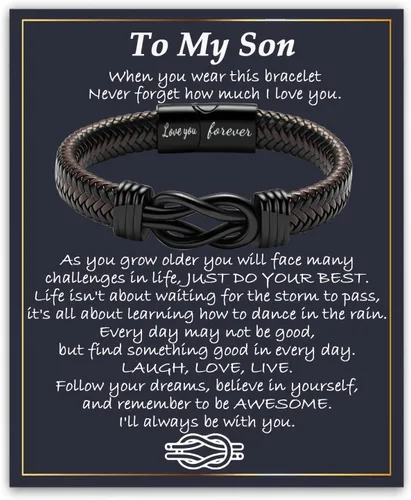 Vista 26 de Gifts for Men Infinity Leather Bracelet for Dad New Daddy Husband Boyfriend Son Grandson Brother Nephew Uncle Brown Braided Engraved Leather Jewelry