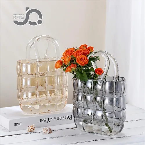 Vista 7 de Elegante jarrón de cristal para arreglos florales, diseño de bolso de boca ancha que mejora las bodas de granja, centros de mesa del hogar, Azul