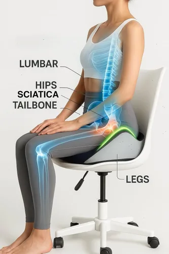 Vista 7 de Cojín ortopédico de espuma viscoelástica para asiento con soporte lumbar, ciática, coxis, coxis, cadera y espalda, diseño ergonómico de 5 zonas