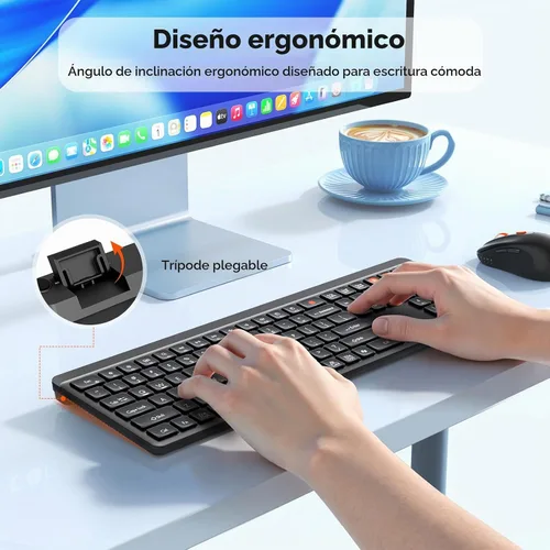 Vista 6 de Teclado y ratón Bluetooth, 2.4G + Bluetooth dual multidispositivo, teclado ergonómico silencioso de tamaño completo con ratón inalámbrico ajustable