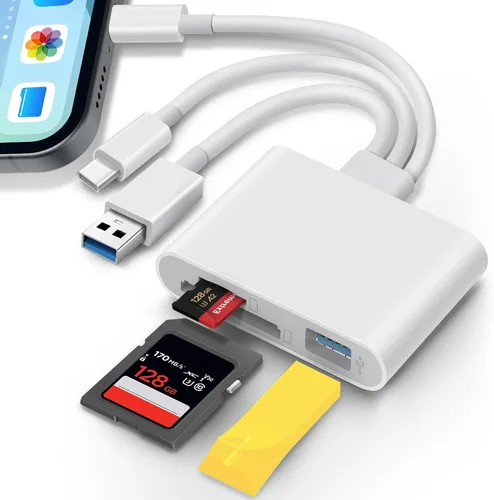 Vista 9 de Lector de tarjetas SD para iPhone iPad Lightning USB-C Adaptador de tarjeta de memoria de doble conector con ranuras dobles y puerto USB Visor