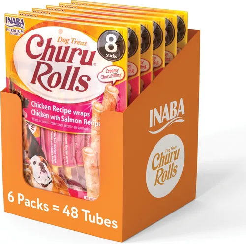 Vista 7 de INABA Churu Rollos para perros, golosinas suaves y masticables envueltas de pollo al horno, 0.42 onzas cada tubo, 48 tubos en total, receta de pollo
