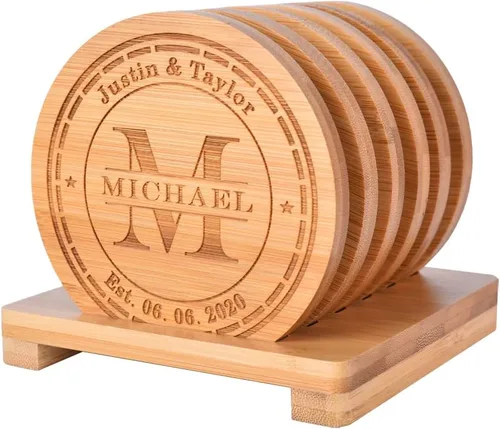 Vista 15 de Posavasos personalizados, posavasos grabados personalizados, posavasos de bambú para bebidas, posavasos de monograma con soporte, grandes regalos