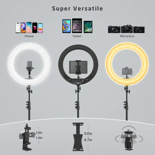 Vista 6 de Anillo de luz de 18 pulgadas con soporte, 60 W bicolor 3000-5800K anillo de luces profesionales con trípode para maquillaje Vlog, anillo grande