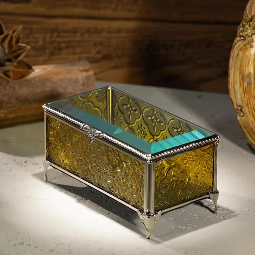 Vista 5 de Joyero de cristal rectangular vintage con tapa con bisagras, anillo de joyería, pulsera, caja de exhibición de metal de recuerdo, caja