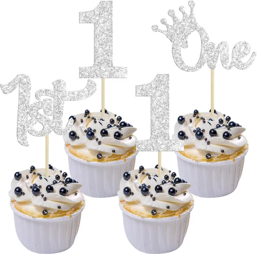 Vista 26 de 24 adornos para cupcakes de primer cumpleaños con purpurina para decoración de pastel de primer cumpleaños, selecciones de cupcakes para niños, baby