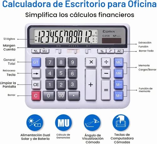Vista 2 de Comix Calculadora de Escritorio Solar con Batería de Doble Alimentación con Pantalla LCD Grande de 12 Dígitos y Teclas de Computadora Grandes