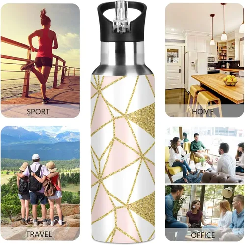 Vista 5 de Stainless Steel Vacuum Insulated Water Bottle 20 Oz, Leakproof Water Bottles for Gym Outdoor Travel School, Geometric Gold Triangles