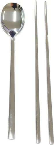 Vista 7 de Cubertería tradicional coreana de acero inoxidable cucharas y palillos juego de vajilla con mano larga, reutilizable (sin patrón)
