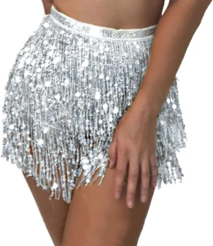 Vista 3 de REETAN Falda Boho para danza del vientre con lentejuelas, mascada de cadera con flecos y borlas falda para fiestas, bailes,actuaciones y disfraces