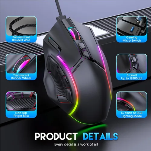 Vista 6 de EBTOOLS Ratón para juegos, 12 botones programables, luces RGB de 12800 DPI, diseño ergonómico, con cable de 5.9 ft, para computadora portátil y PC