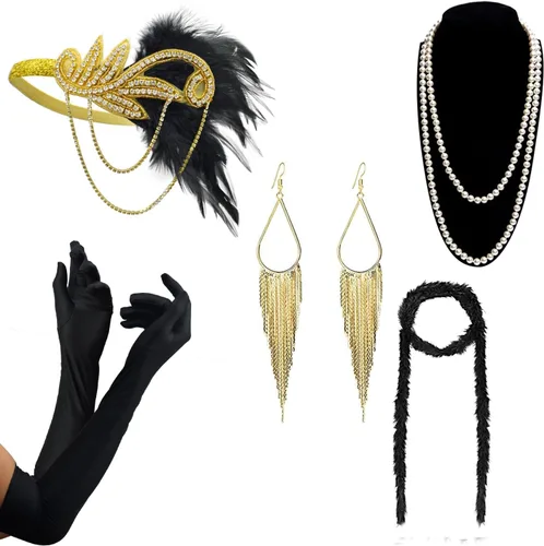 Vista 11 de DRESHOW - Juego de accesorios de El Gran Gatsby de los años 20 para mujer, diadema de flapper, tocado, guantes, disfraz, accesorios de las noches