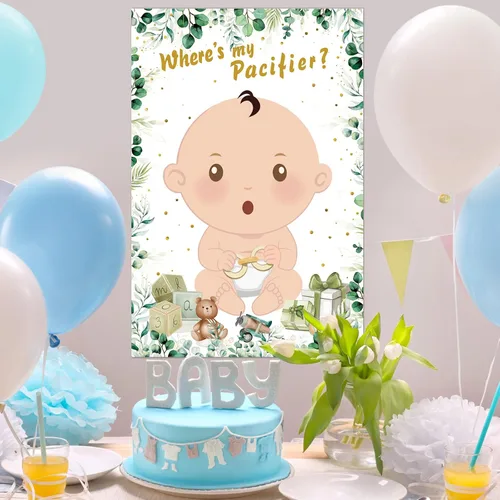 Vista 7 de Hxezoc Juegos de baby shower Pin The Chupete en el juego del bebé con 36 calcomanías para chupete, juegos de póster de bebé verde grande para fiesta