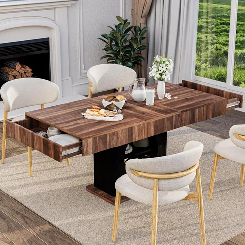 Vista 10 de Mesa de comedor de 55 pulgadas para 4 a 6 personas, mesa de comedor de madera de granja con cajones y almacenamiento abierto para cocina, comedor