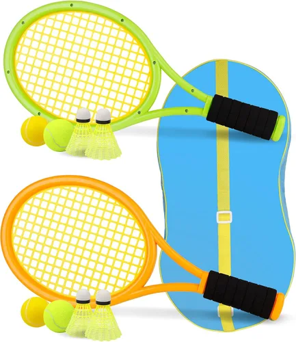 Vista 11 de Raqueta de tenis para niños, raqueta de tenis de plástico de 17 pulgadas con 2 bolas suaves, 2 pelotas de tenis y 4 volantes para niños