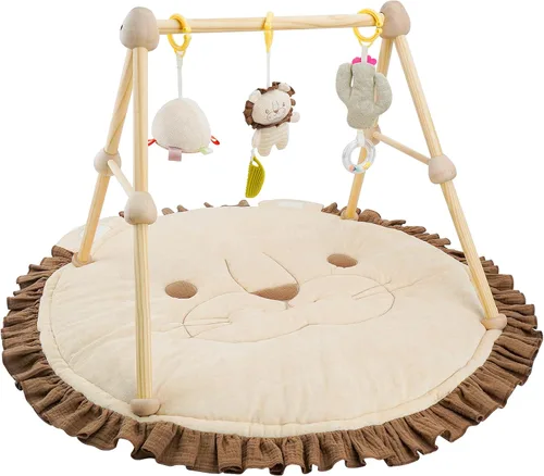 Vista 9 de Tapete de madera 4 en 1 para gimnasio y actividades para bebés, tapete de algodón suave para bebés de 0 años, con 3 juguetes desmontables