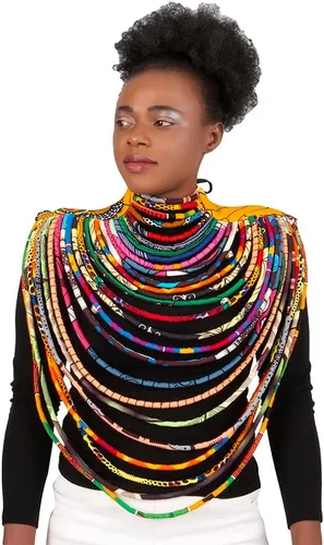 Vista 6 de BAZINRICHE Collares hechos a mano para mujer Ankara Kente, collar largo de cera africana de múltiples hebras