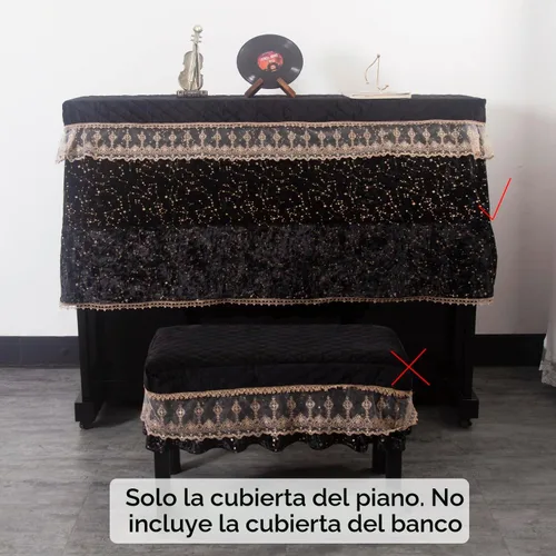 Vista 2 de Funda de terciopelo de lujo para pianos verticales, color negro con estrellas doradas y ribete de encaje, parte superior acolchada
