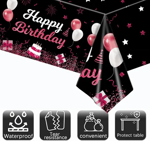 Vista 2 de MRJ Black Party Supplies - Paquete de 3 manteles de feliz cumpleaños con estrellas rosas y negras, decoraciones perfectas para fiestas de cumpleaños