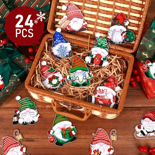 Vista 2 de 24 adornos de madera de gnomo de Navidad para colgar en el árbol de Navidad para suministros de fiesta de Navidad (Xmas-D)