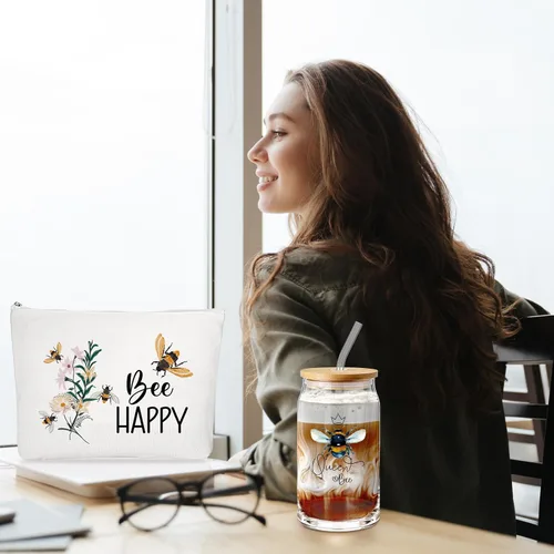 Vista 7 de Hushee - 3 piezas de regalos temáticos de abeja, bolsa de maquillaje feliz y taza de vidrio con tapa, llavero inspirador para profesores, amigas