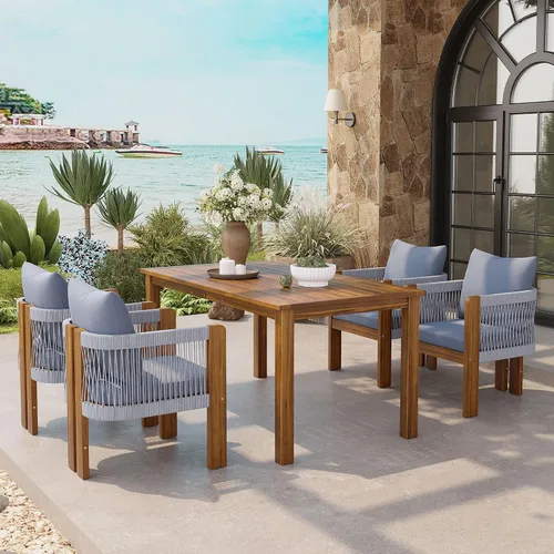 Vista 22 de Quarte Moderno juego de comedor de patio al aire libre de 5 piezas, juego de barra de mimbre de ratán de polietileno para jardín, 4 sillas de altura