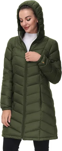 Vista 2 de SLOW DOWN Women Lightweight Down Puffer Coat, Women Hooded Mid-Length Packable Winter Jacket with 2 Packing Bag