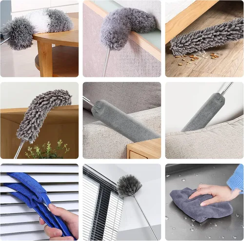 Vista 6 de Kit de plumero de microfibra (11 piezas) – Plumeros lavables con poste de extensión (30 a 100 pulgadas) para limpiar techos, ventiladores, muebles