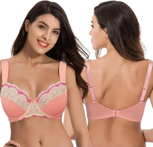 Vista 4 de Curve Muse Womens Plus Size Minimizer Underwire Bra with Lace Embroidery-2or3PK