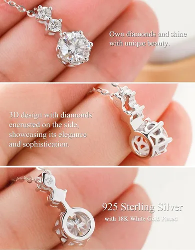 Vista 3 de Moissanite Pendant Necklace,3 Stones 2CT Round Cut S925 Eternity Diamond Pendant Necklace,Hypoallergenic Anniversary Birthday Wedding Bridal Jewelry