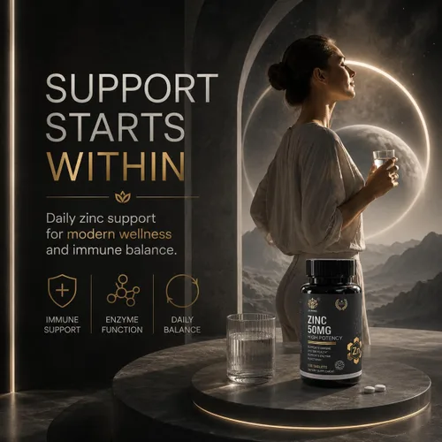 Vista 2 de Zinc 50mg – Apoyo inmunológico de alta potencia – Tabletas con certificación Halal – 100 unidades – Sin OGM – Apoya la salud de la piel, el cabello