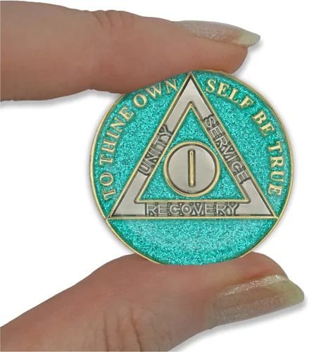 Vista 5 de Moneda de sobriedad de 1 año Ficha de aniversario de recuperación de chip AA con purpurina (aguamarina) Glitter Sparkle Alcoholics Anonymous 24k