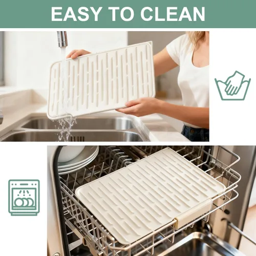 Vista 6 de Alfombrilla de secado de platos de silicona para encimera de cocina con bandeja de recolección de agua Almohadilla antideslizante (beige)